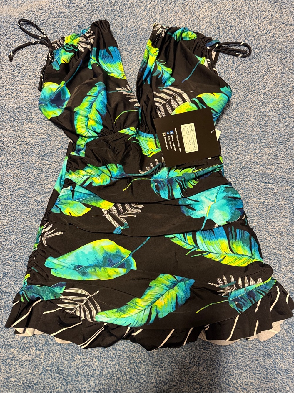 Maaji Black One-Piece Swimsuit with Blue and Green Tropical Leaf Print
